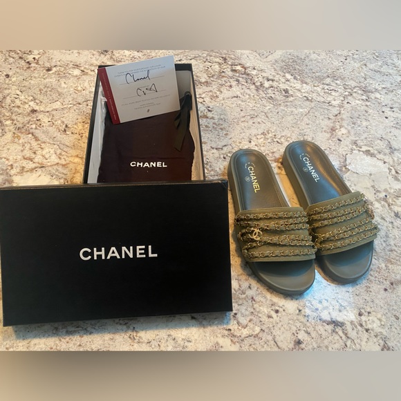Chanel chain slides- Army Green sz 40 - Picture 1 of 9